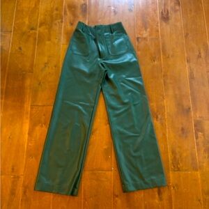 Green leather flat front pants with pockets